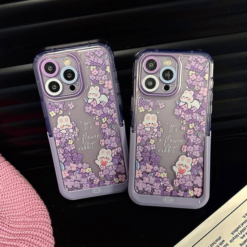 Purple Flowers Rabbit Cute Phone Cases with Stand Holder for iPhone 14 Pro Max 13 11 12 14 Plus