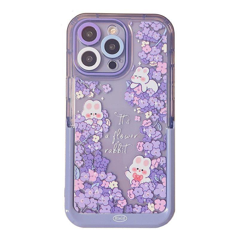 Purple Flowers Rabbit Cute Phone Cases with Stand Holder for iPhone 14 Pro Max 13 11 12 14 Plus