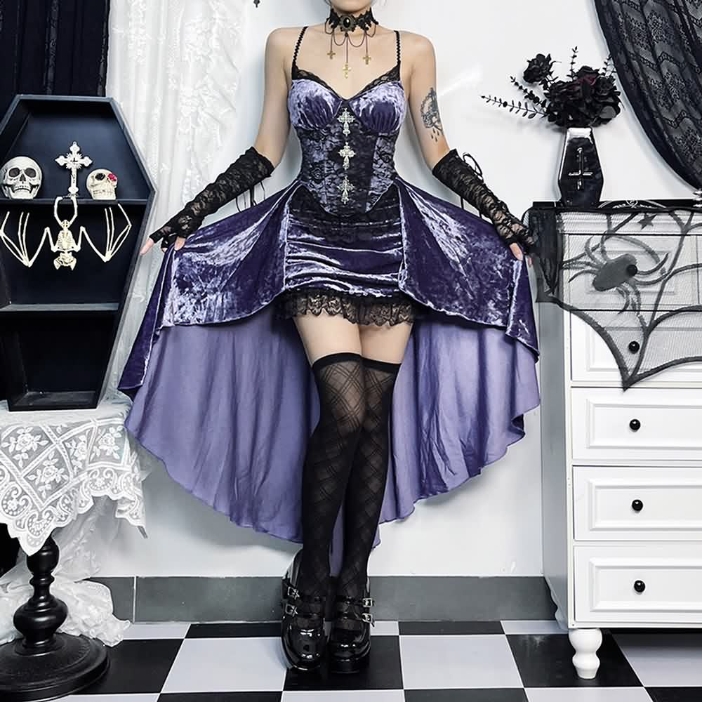 Purple Gothic Lace Asymmetrical Dress With Shrug Top