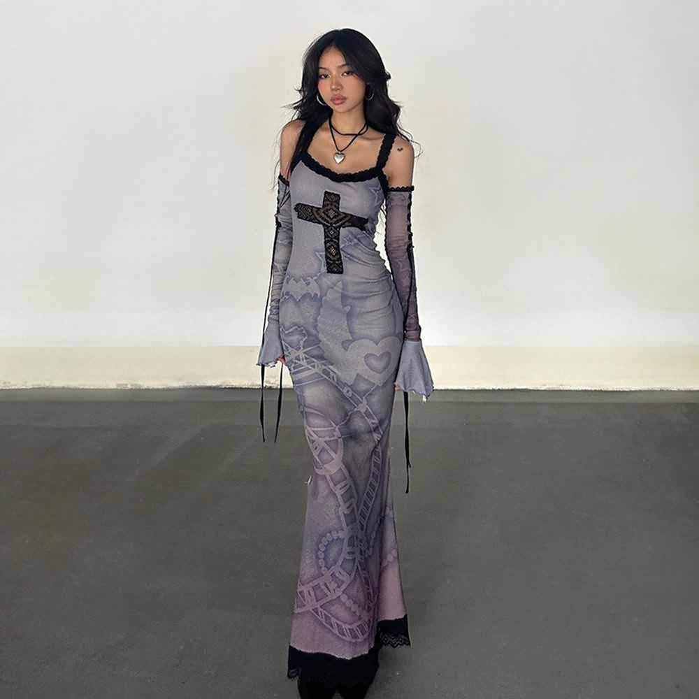 Purple Gothic Lace Maxi Dress With Arm Sleeves Set