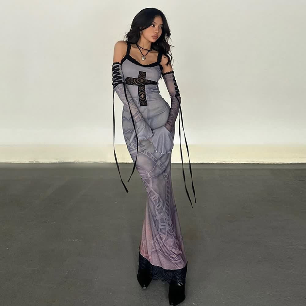 Purple Gothic Lace Maxi Dress With Arm Sleeves Set
