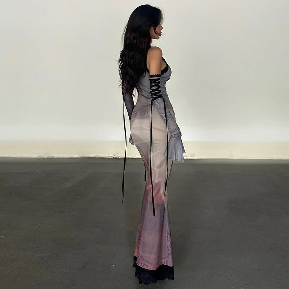 Purple Gothic Lace Maxi Dress With Arm Sleeves Set