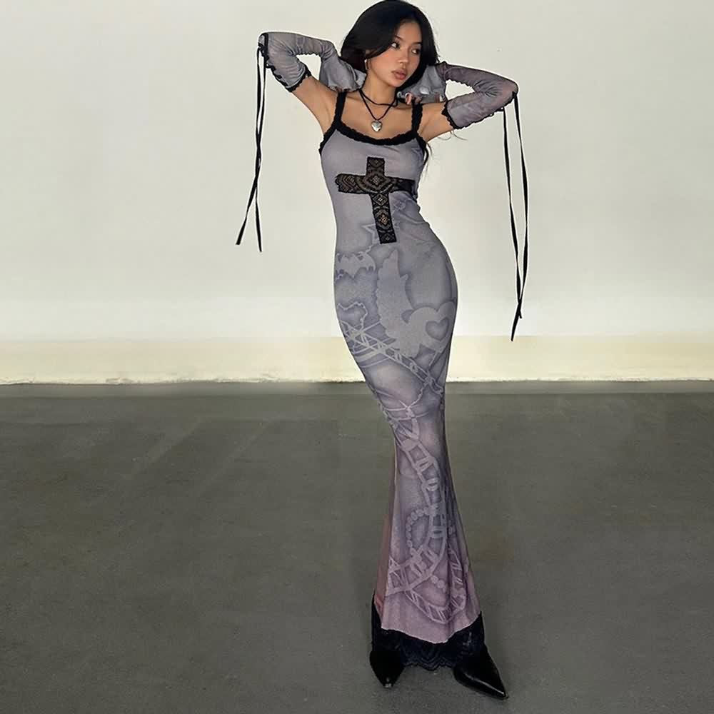Purple Gothic Lace Maxi Dress With Arm Sleeves Set