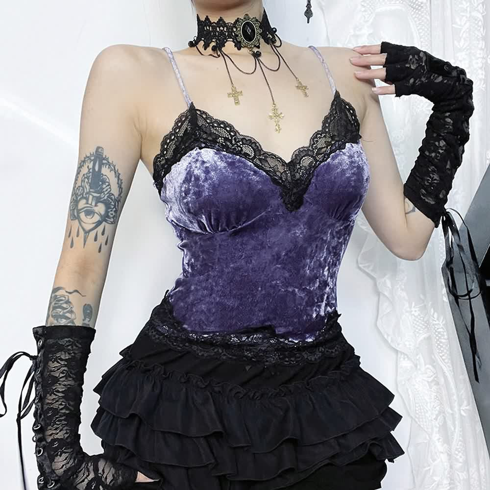 Purple Gothic Lace Trim Velvet Cami Top