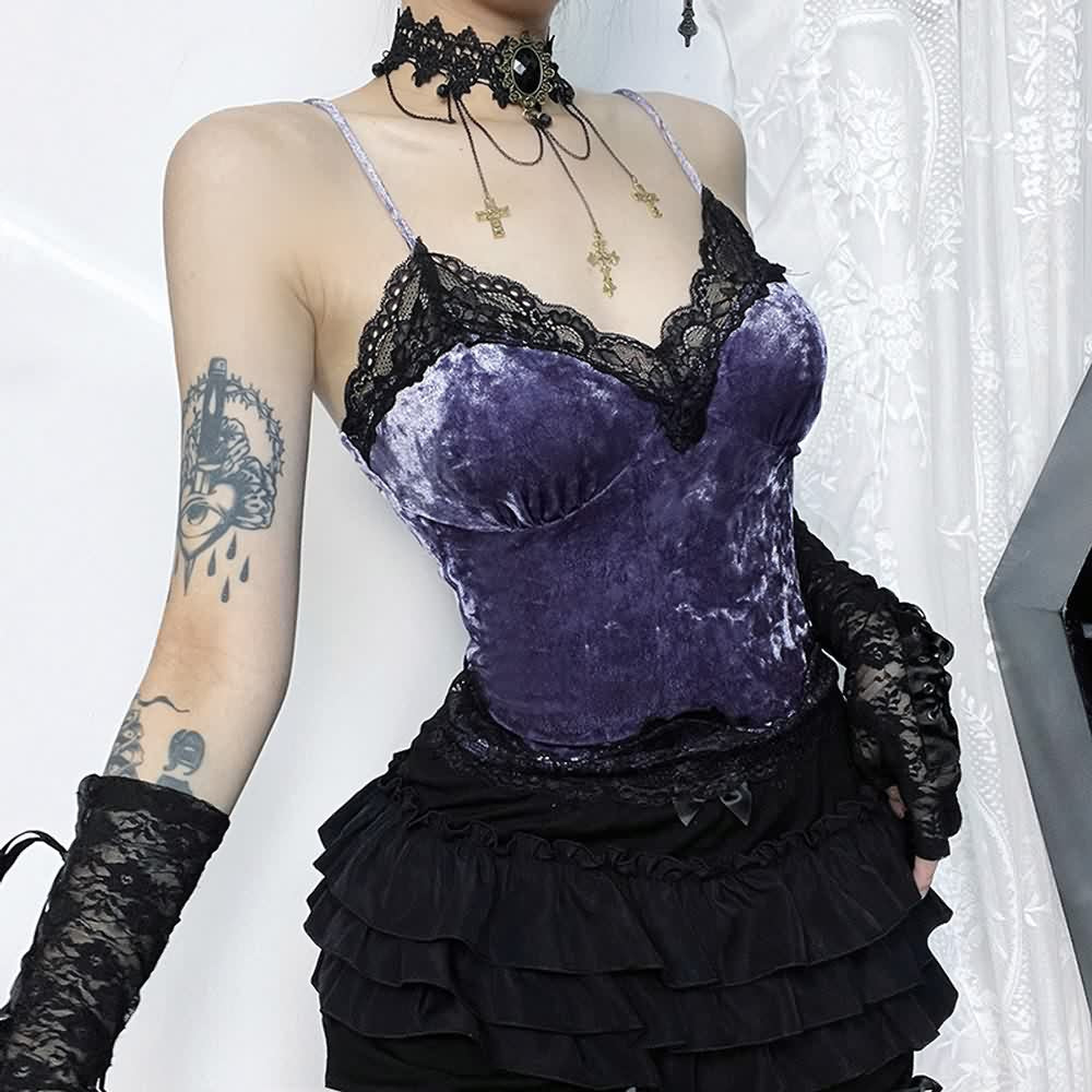Purple Gothic Lace Trim Velvet Cami Top