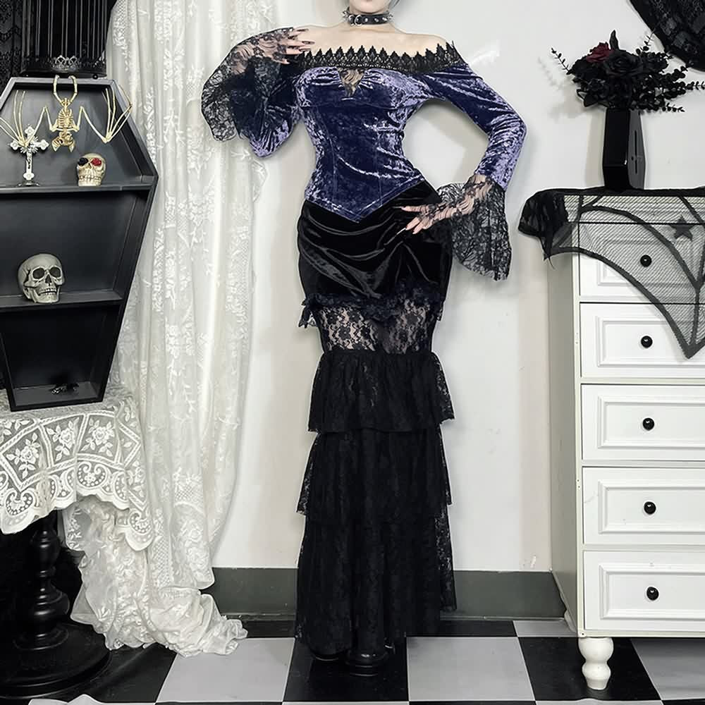 Purple Gothic Velvet Off the Shoulder Long Sleeve Top