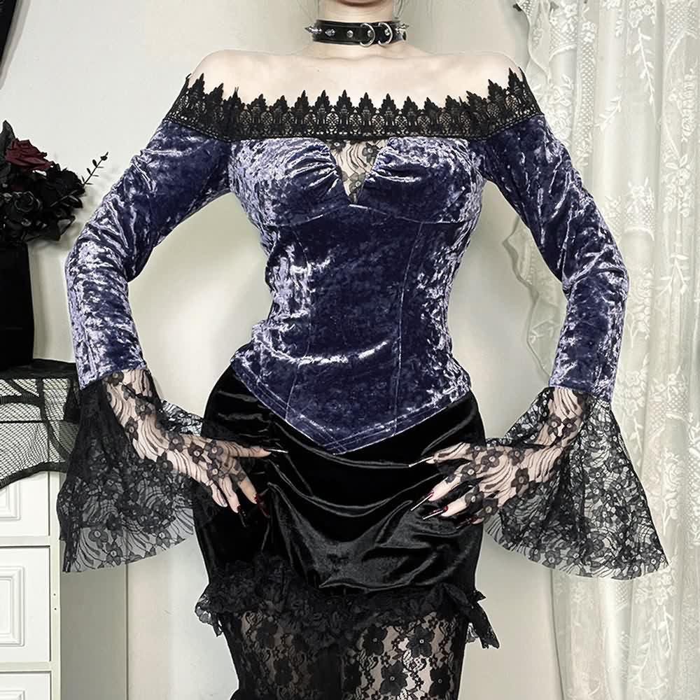 Purple Gothic Velvet Off the Shoulder Long Sleeve Top
