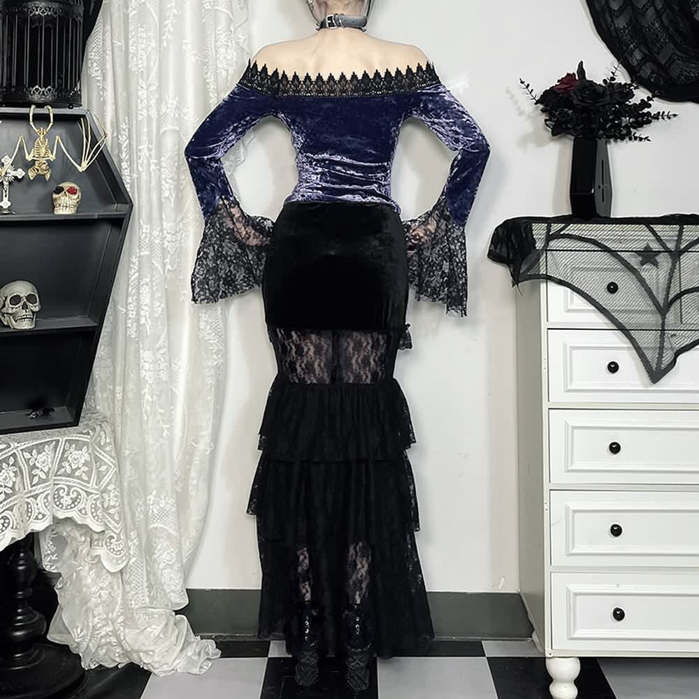 Purple Gothic Velvet Off the Shoulder Long Sleeve Top