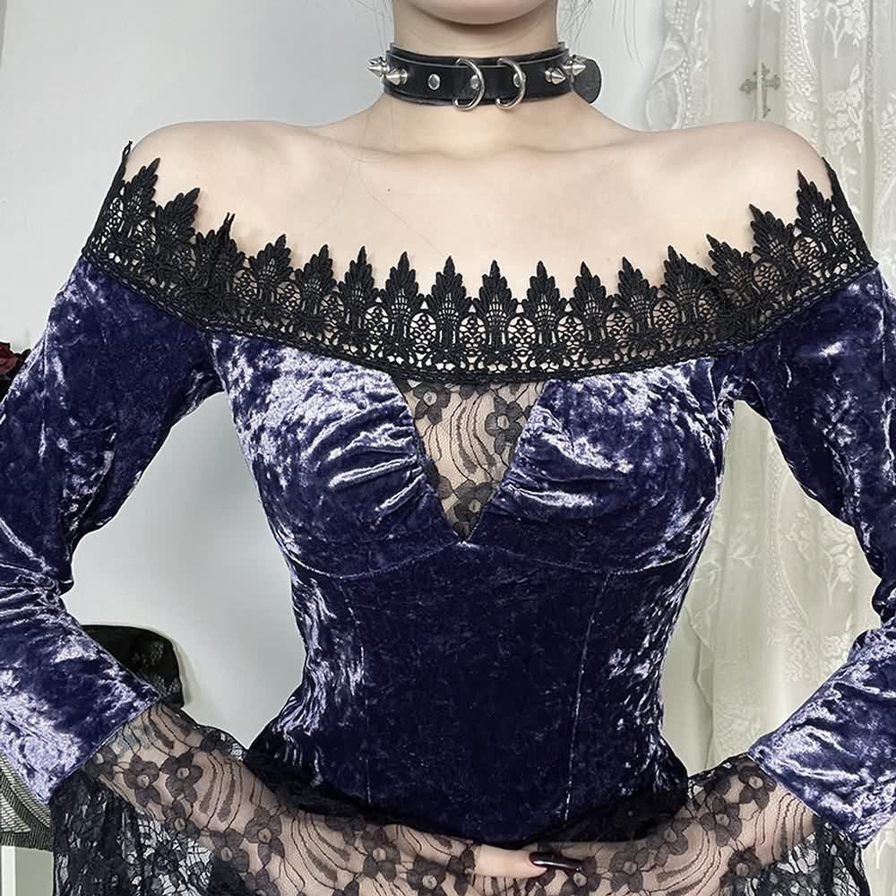 Purple Gothic Velvet Off the Shoulder Long Sleeve Top