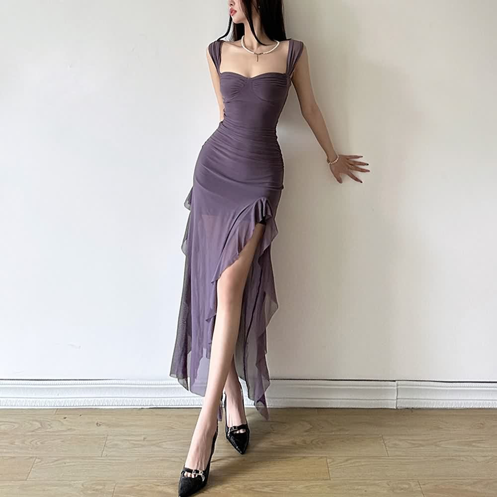 Purple Mesh Ruffle Slit Midi Dress