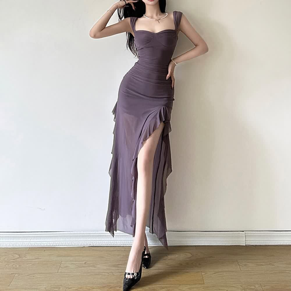 Purple Mesh Ruffle Slit Midi Dress