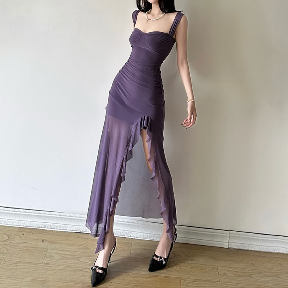 Purple Mesh Ruffle Slit Midi Dress