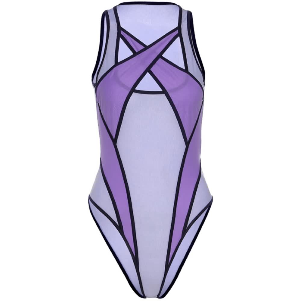 Purple Sheer Mesh Criss Cross Sleeveless Bodysuit