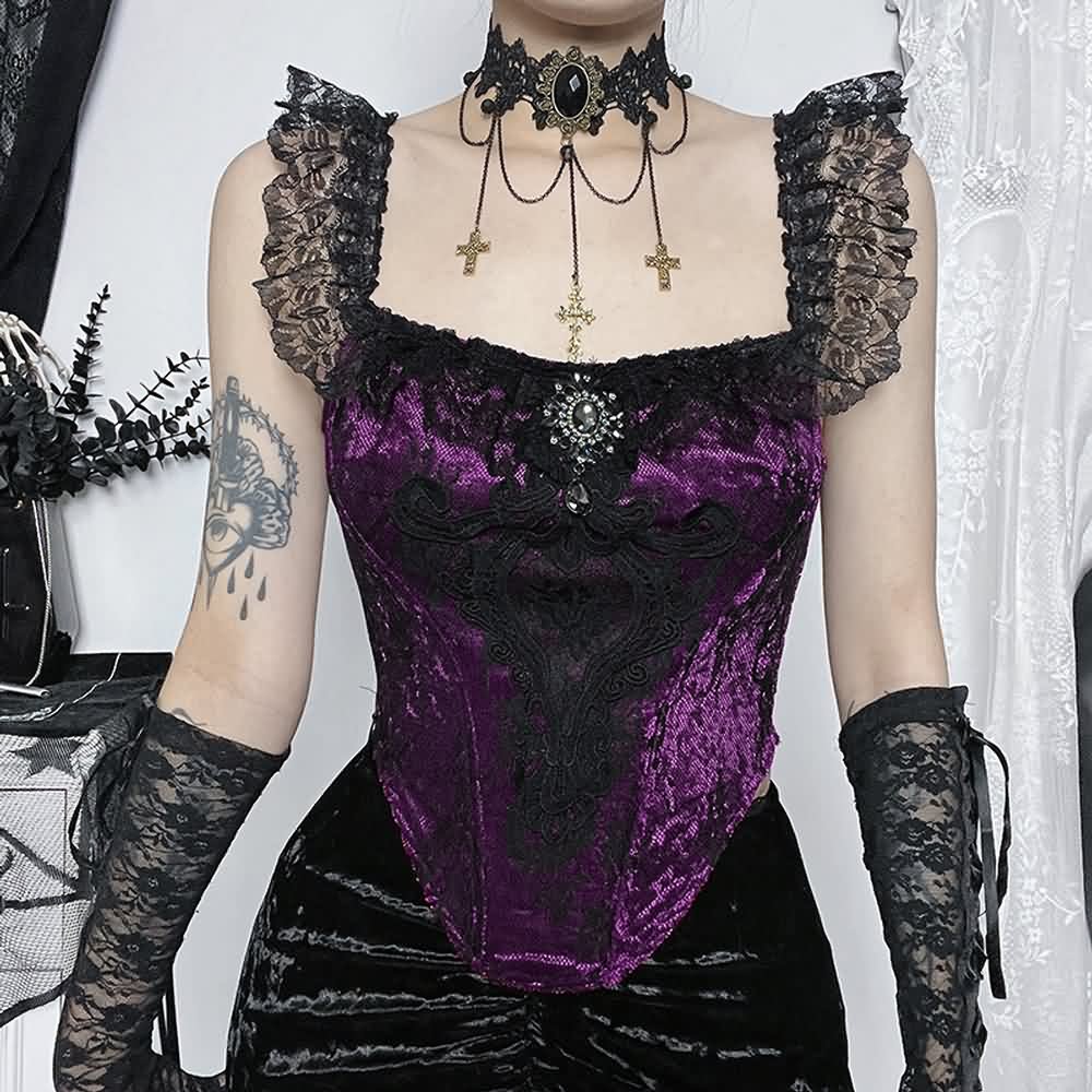 Purple Victorian Gothic Lace Velvet Crop Top