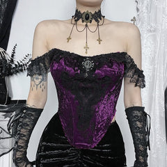 Purple Victorian Gothic Lace Velvet Crop Top