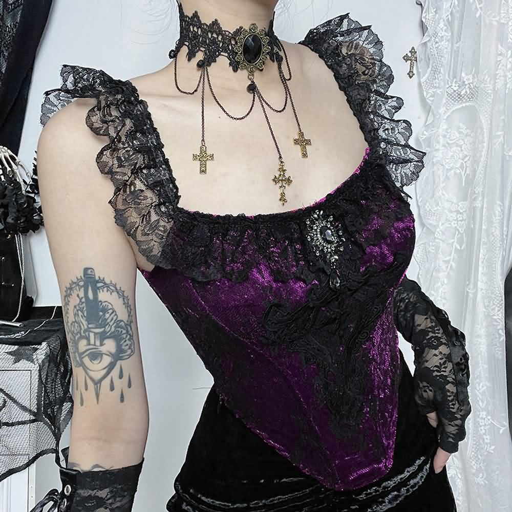 Purple Victorian Gothic Lace Velvet Crop Top