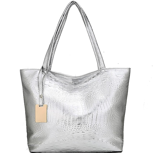 Embossed  Faux Tote | Croc Bag Silver Capacity Large