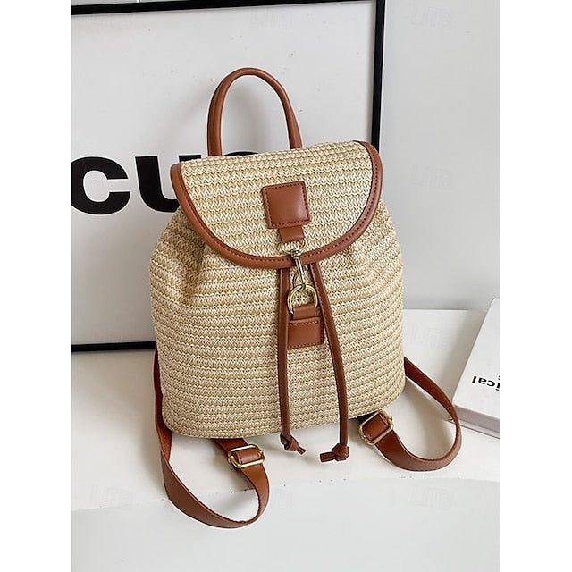 â€?Women Woven Boho Bag with Rattan for Travel Straw Backpack