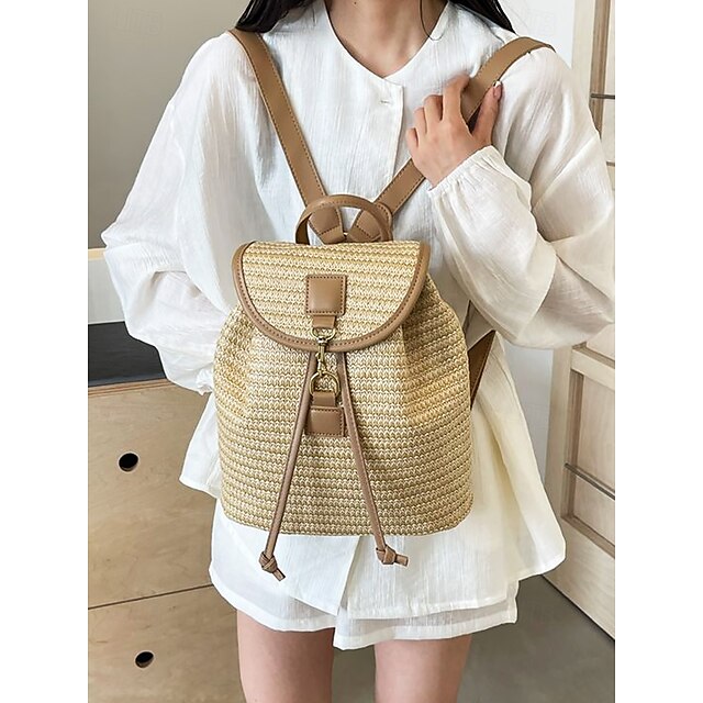 â€?Women Woven Boho Bag with Rattan for Travel Straw Backpack