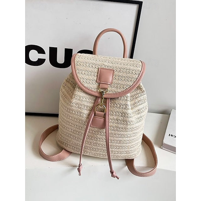 â€?Women Woven Boho Bag with Rattan for Travel Straw Backpack