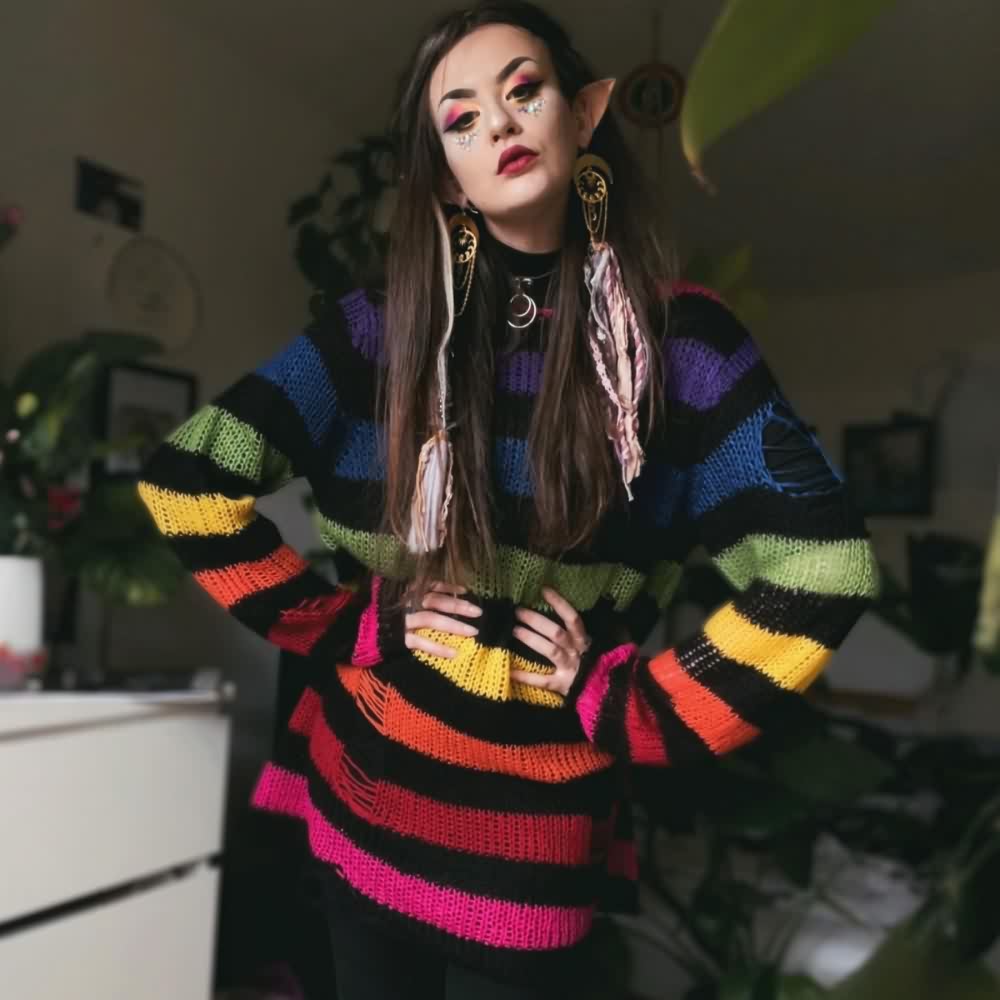 Rainbow Striped Gothic Distressed Knit Sweater