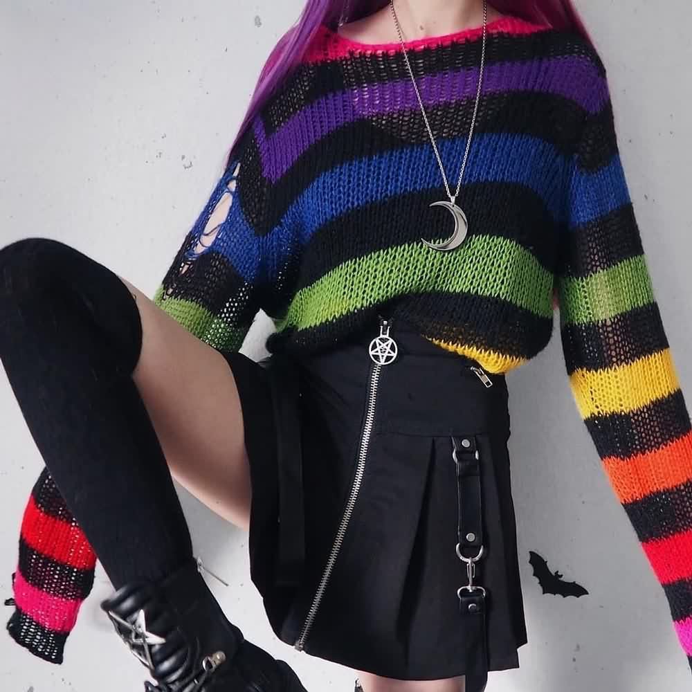 Rainbow Striped Gothic Distressed Knit Sweater