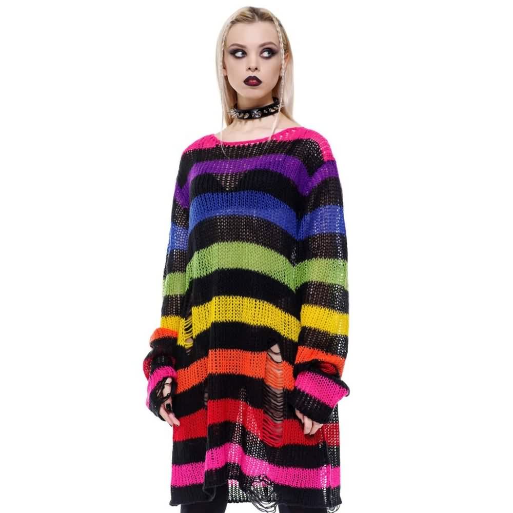 Rainbow Striped Gothic Distressed Knit Sweater