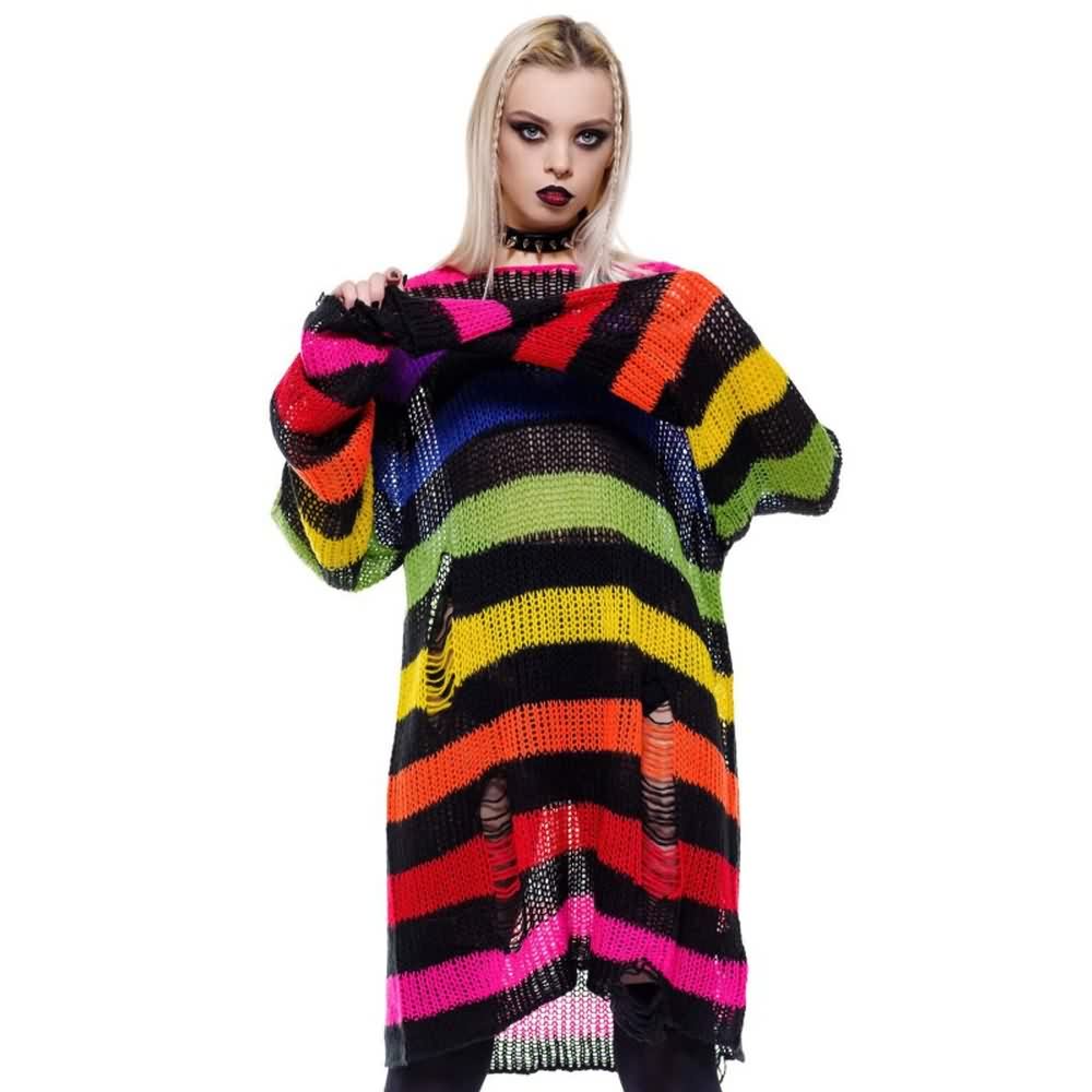 Rainbow Striped Gothic Distressed Knit Sweater