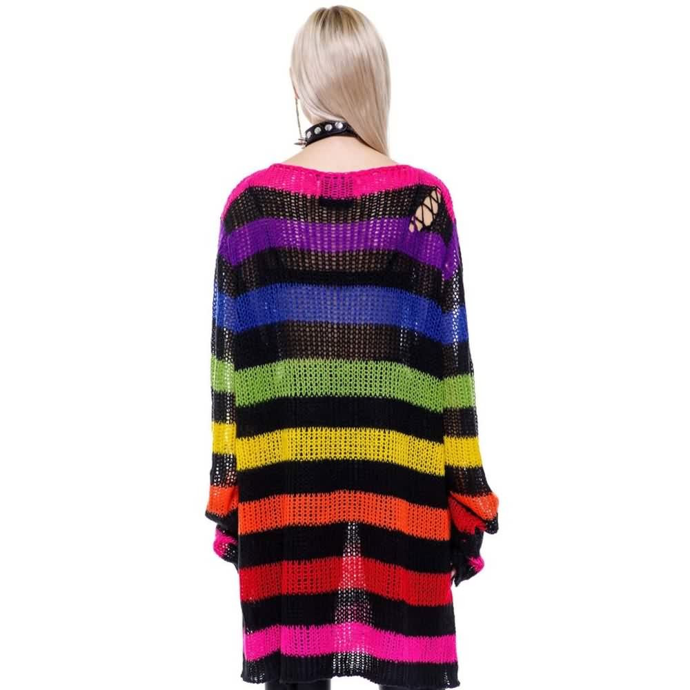 Rainbow Striped Gothic Distressed Knit Sweater