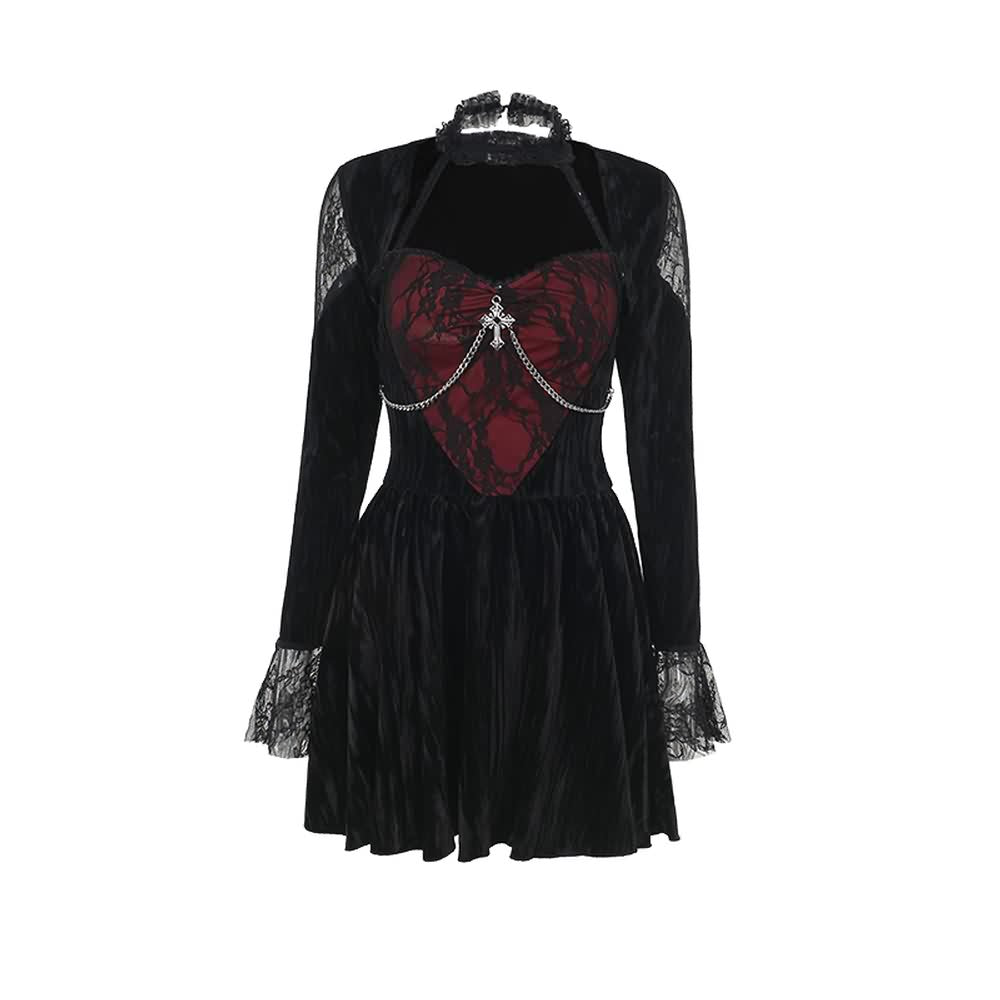 Red And Black Gothic Long Sleeve Mini Dress