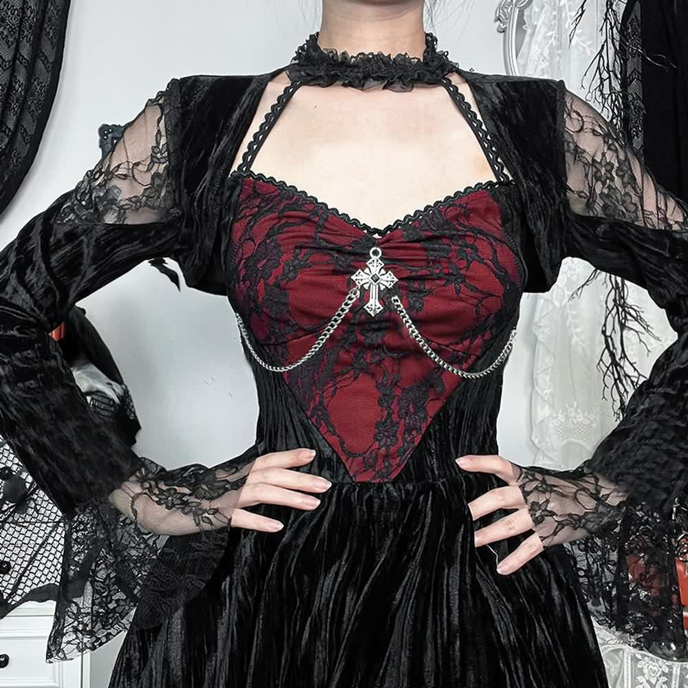 Red And Black Gothic Long Sleeve Mini Dress
