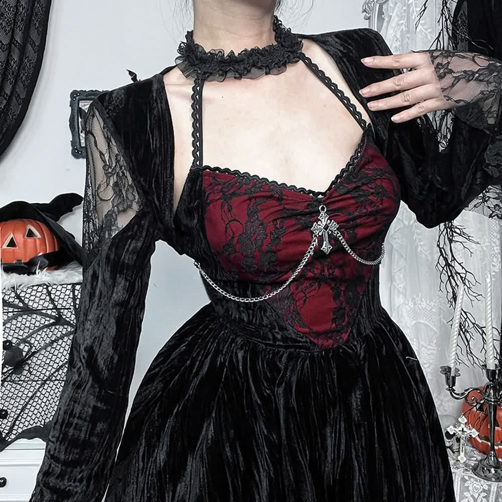 Red And Black Gothic Long Sleeve Mini Dress