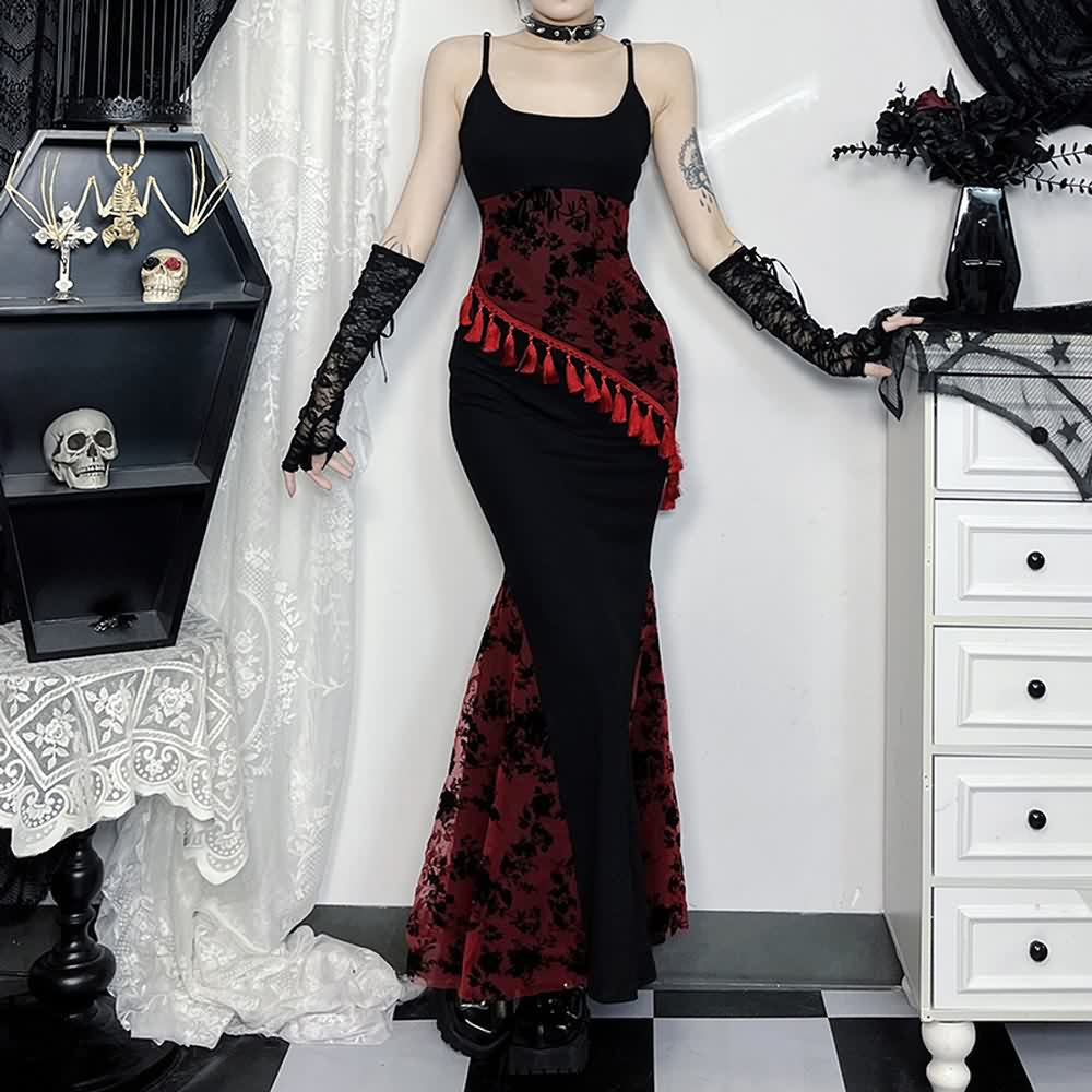 Red And Black Gothic Mesh Tassel Maxi Dress