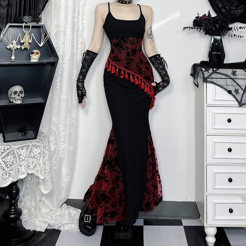 Red And Black Gothic Mesh Tassel Maxi Dress