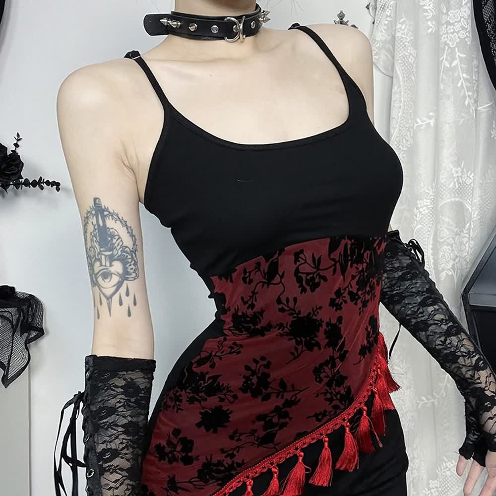 Red And Black Gothic Mesh Tassel Maxi Dress