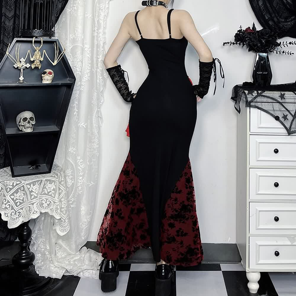 Red And Black Gothic Mesh Tassel Maxi Dress