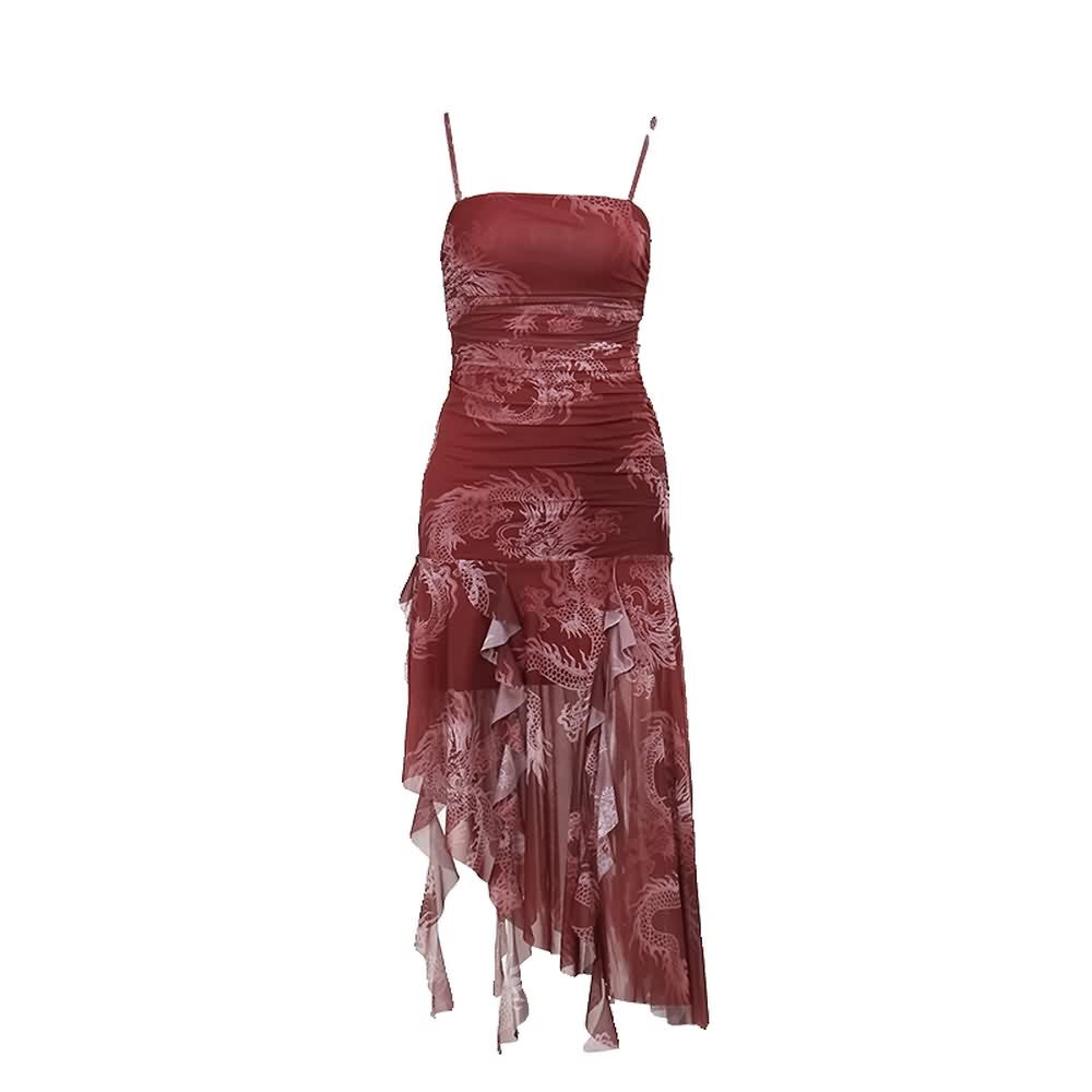 Red Dragon Ruffle Asymmetrical Midi Dress