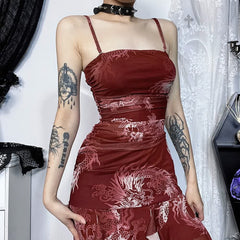 Red Dragon Ruffle Asymmetrical Midi Dress