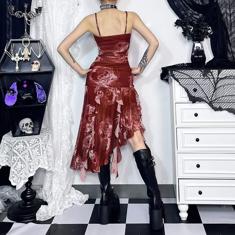 Red Dragon Ruffle Asymmetrical Midi Dress