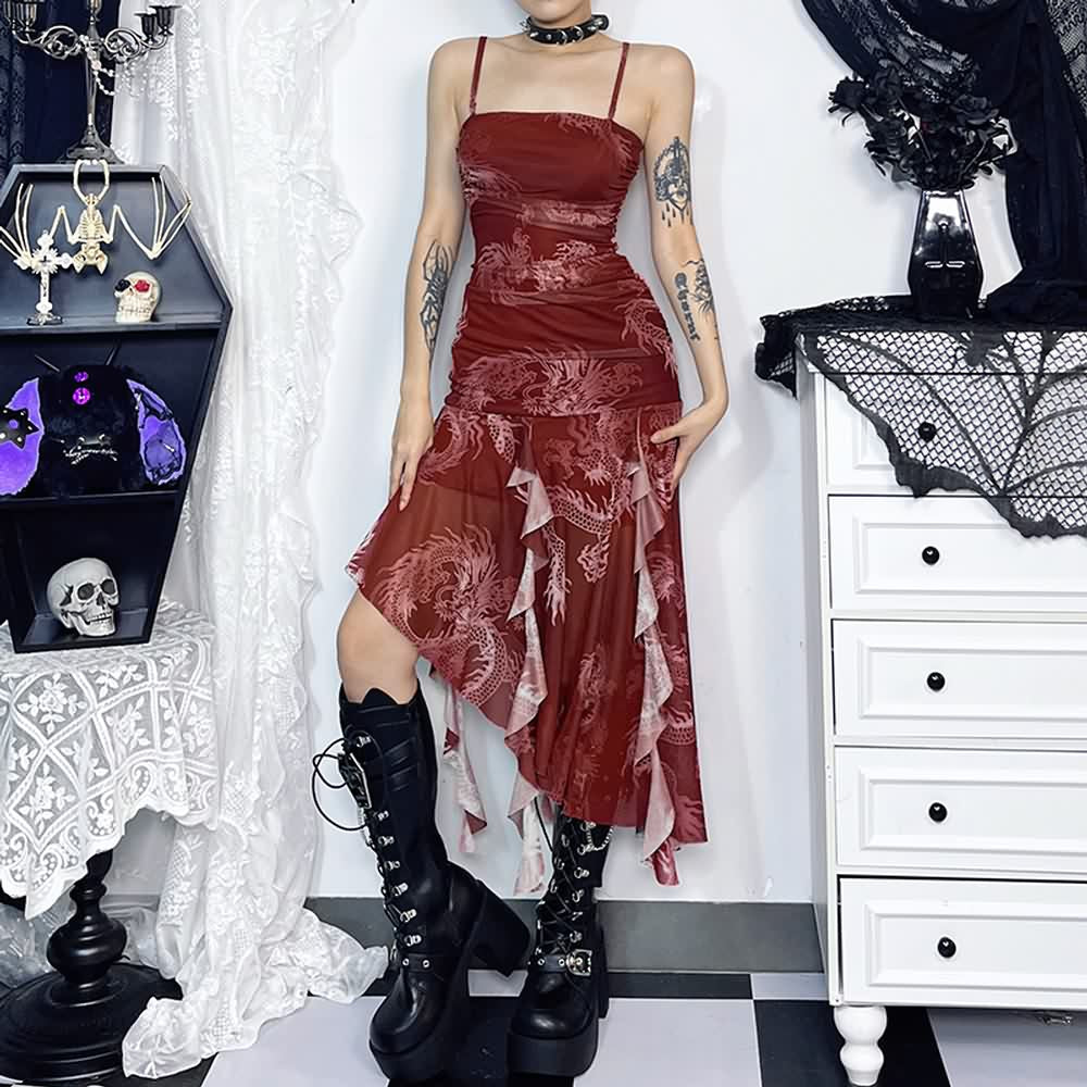 Red Dragon Ruffle Asymmetrical Midi Dress