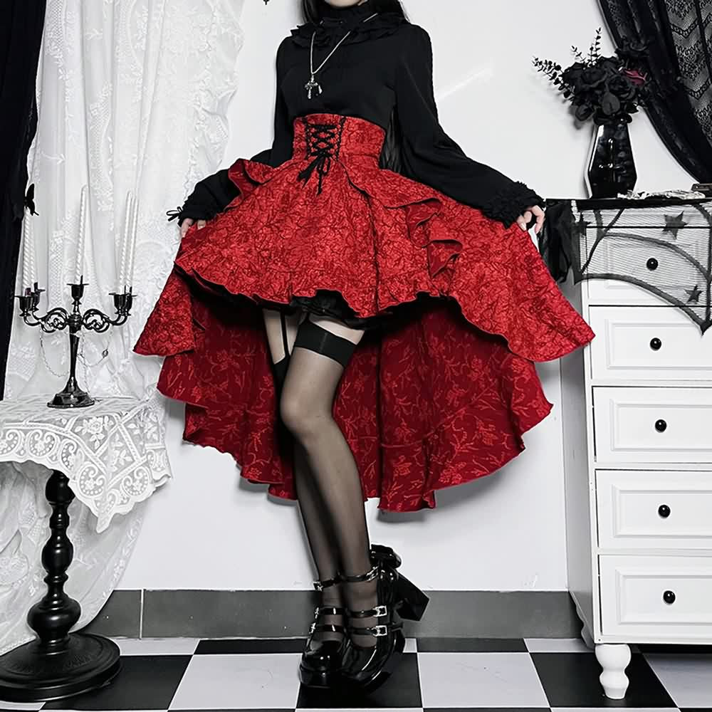 Red Gothic High Waist Asymmetrical Skirt