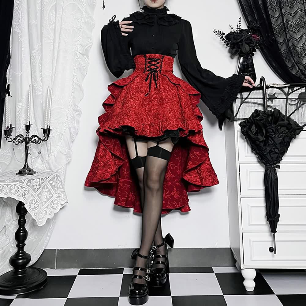 Red Gothic High Waist Asymmetrical Skirt