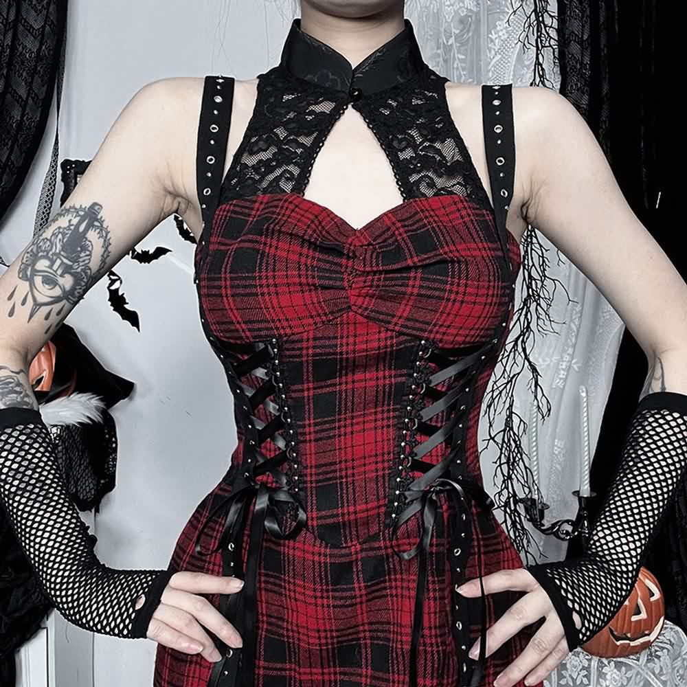 Red Gothic Punk Plaid Slit Maxi Dress