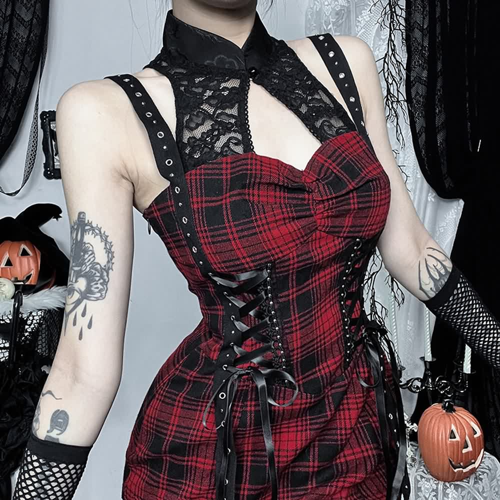 Red Gothic Punk Plaid Slit Maxi Dress