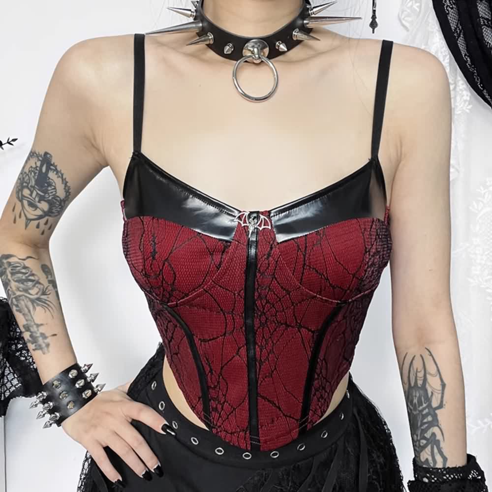 Red Gothic Spider Web Cami Crop Top