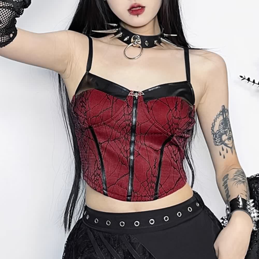 Red Gothic Spider Web Cami Crop Top