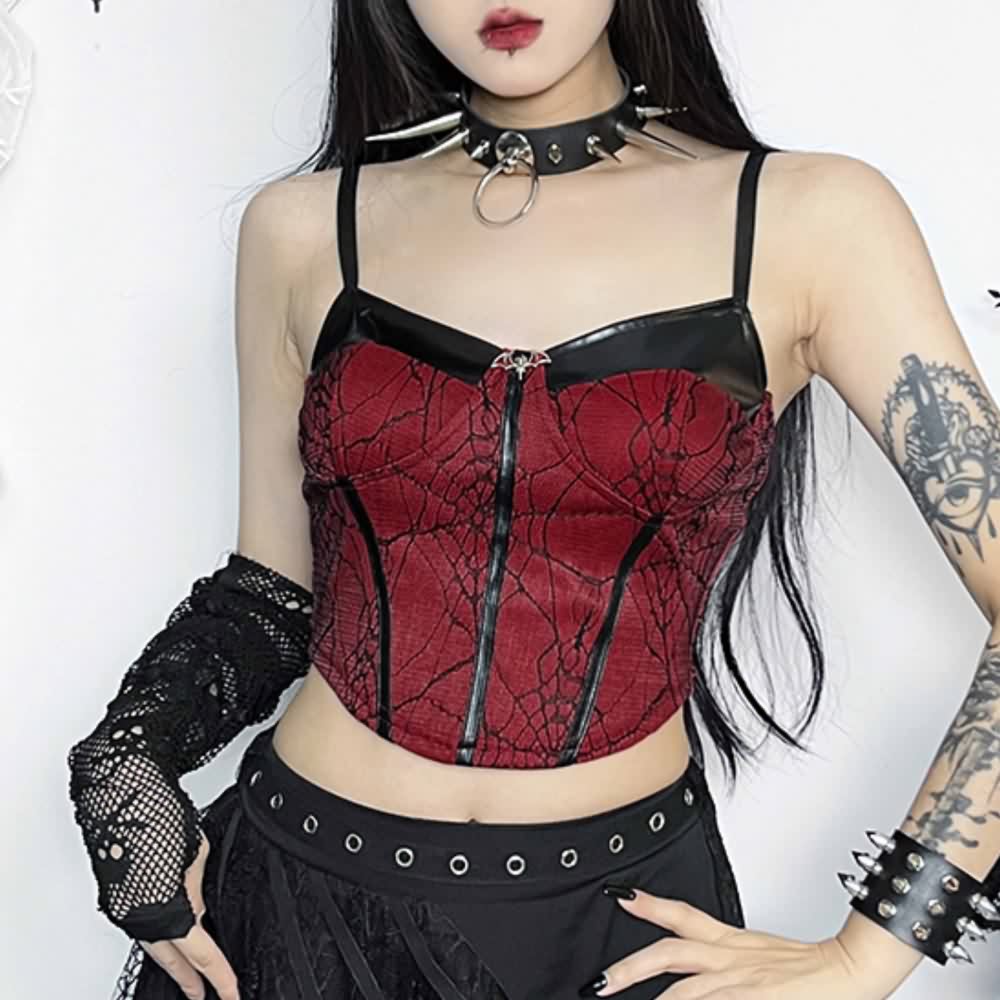 Red Gothic Spider Web Cami Crop Top