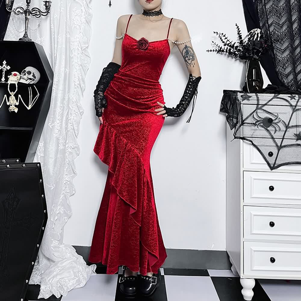 Red Gothic Velvet Ruffle Maxi Dress