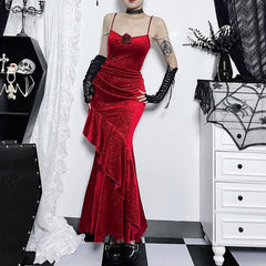 Red Gothic Velvet Ruffle Maxi Dress