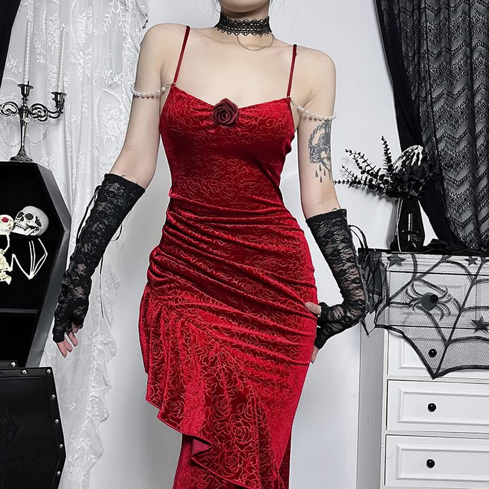 Red Gothic Velvet Ruffle Maxi Dress